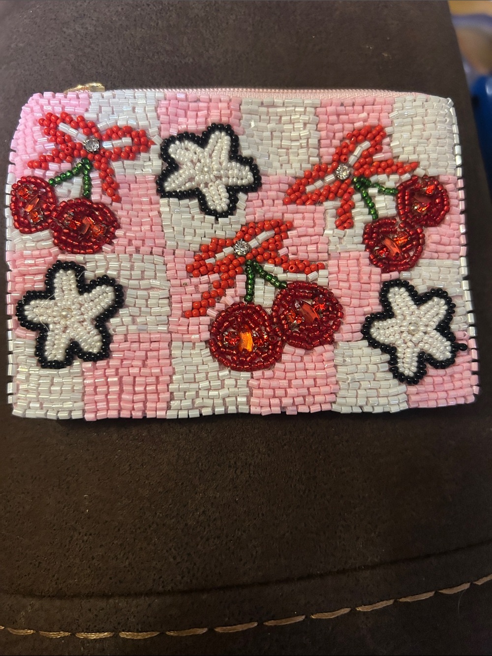 🍒CHERRIES & FLOWERS Hand Beaded Coin Purse